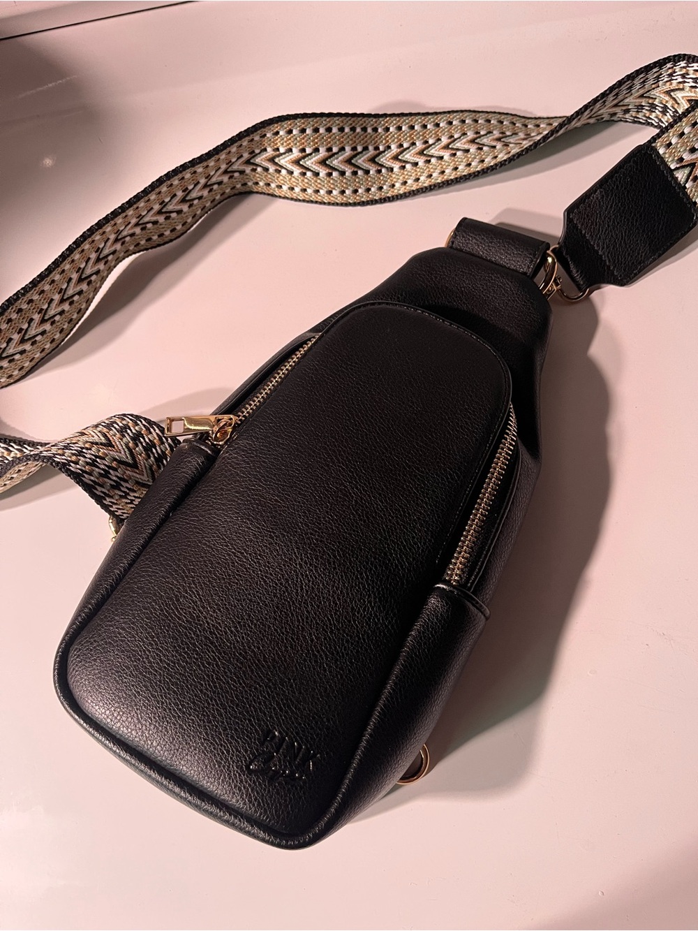 Black faux leather Crossbody Sling Bag with Patterned Strap